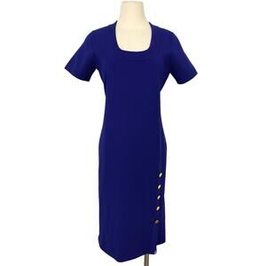 St. John Sheath Rib Knit Stretch Dress Knee Length Blue Lazuli L